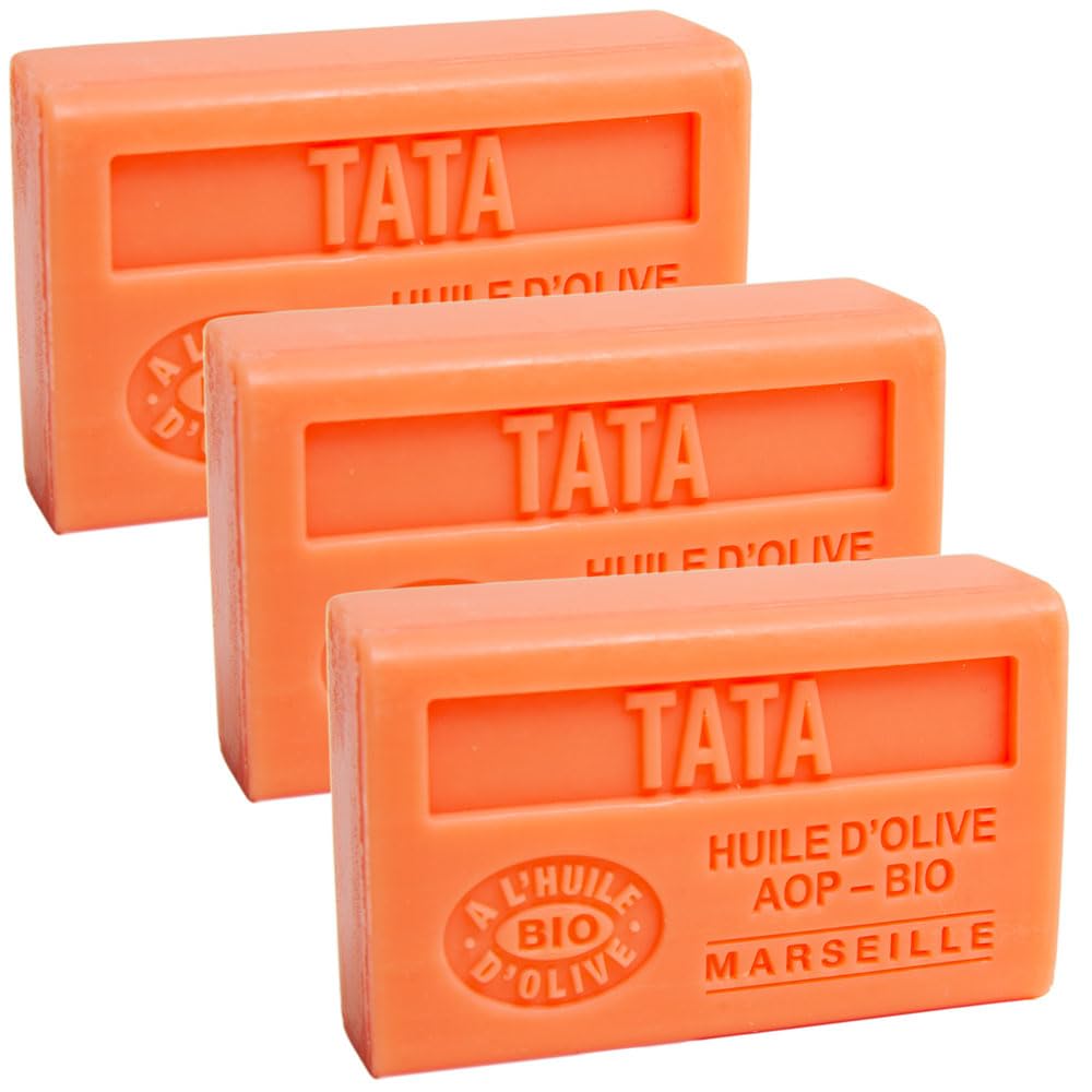 Label Provence Nature Savon de Marseille - Nourishing French Soap Made With Pure Organic Olive Oil and Shea Butter - Auntie (Tata) Fragrance - 125 Gram Bar - Set of 3