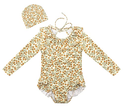 Toddler Baby Girl Floral Swimsuit Long Sleeve Hawaiian Ruffle Swimwear Beach Bathing Suit(5-6years Old,Yellow#1)