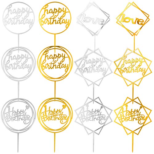 obmwang 12 Pack Acrylic Cake Topper Happy Birthday Cake Topper Birthday Cake Decorations Supplies , Gold and Sliver