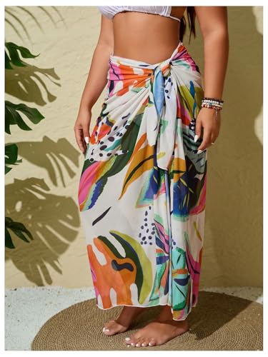 Women's Plus Size Tropical Wrap Beach Skirts Sheer Mesh Knot Side Maxi Bathing Suit Cover Up Sarong3