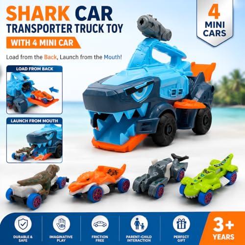 Image of WireScorts Big Hauler Mechanical Shark Truck Transporter Toy with Dart Launcher and 4 Mini Cars, Big Hauler Truck with Light & Sound for Boys & Girls 3+ Years