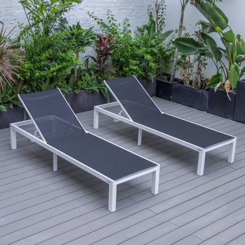 LeisureMod MLW-77BL2 13.2 x 25 x 78.5 in. Marlin Patio Chaise Lounge Chair with White Aluminum Frame Black - Set of 2