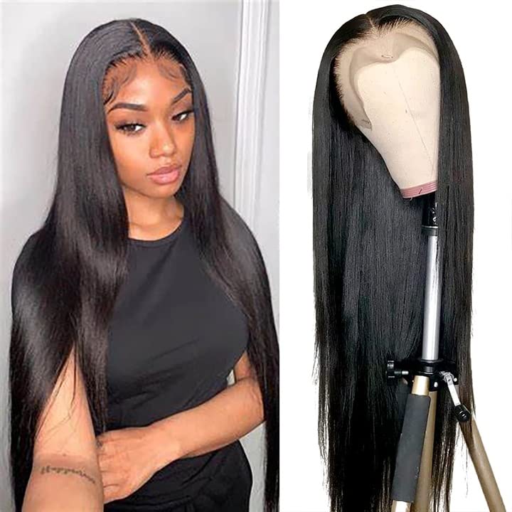 REBECCA STYLE Straight Lace Front Wigs Human Hair Pre Plucked with Baby Hair 13x4x0.5 T Part HD Lace Front Wigs for Black Women Long Straight Brazilian Virgin Human Hair Wigs 150% Density 18 Inch
