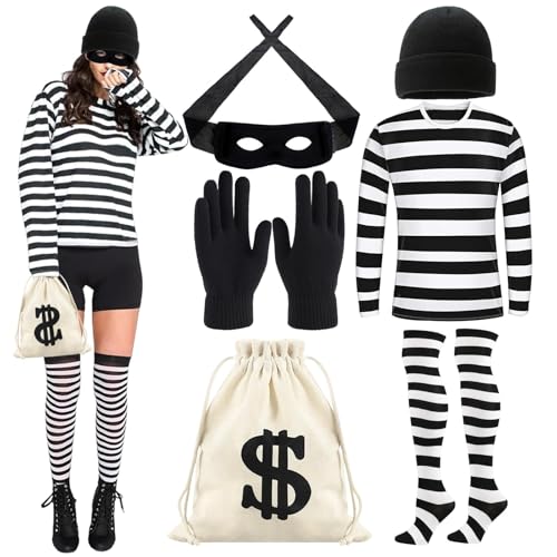 Disfraz de ladrón de bancos para mujer, disfraz de ladrón, disfraz de cascanueces, disfraz de ladrón de bancos con sombrero, camisa, máscara, guantes, calcetines, bolsa para cosplay, fiesta temática
