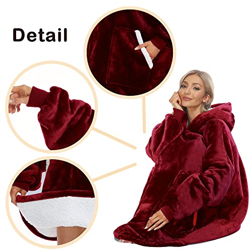 Kipswiza Oversized Wearable Blanket Hoodie Cool Mothers Day Gifts for Mom Girls Women Men, Cozy Soft Sherpa Big Hooded Blankets Sweatshirt Blanket - Wine Red