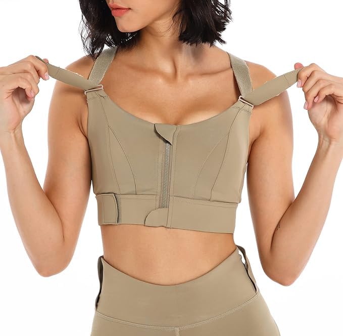Image of PLUMBURY Women's Polyester Blend Padded Front Zip Plus Size Full Coverage High Support Velcro Adjustable Sports Bra For Workout Gym