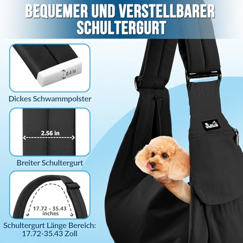 SlowTon Hundetragetasche, Haustier Hundetasche mit verstellbarem, gepolstertem Schultergurt und Fronttasche Tragetasche Hund für Spaziergang (Schwarz-Wasserdicht, M(Für Haustiere2,7-5,4 kg))