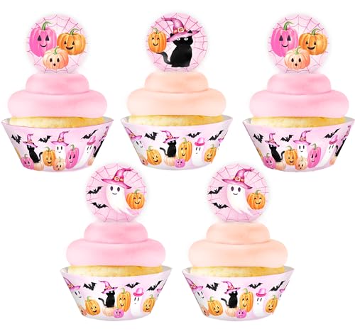Pink Ghost Halloween Cupcake Toppers - 24 Cupcake Toppers and 24 ...