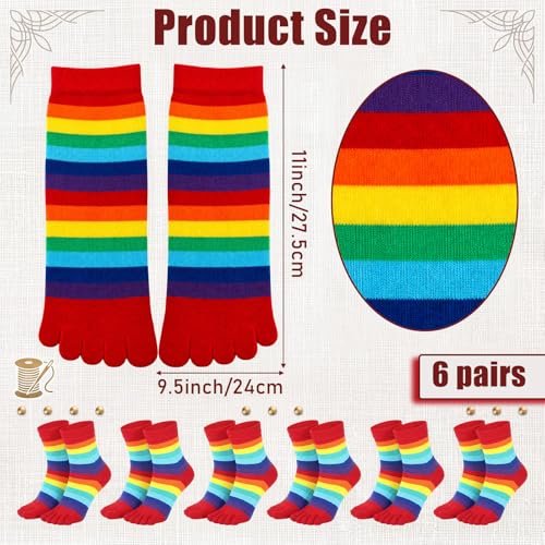 Image of SATINIOR 6 Pairs Rainbow Women Toe Socks Full Finger Socks Separated Cotton Stocking Colorful Stripe Stocking for Women Men