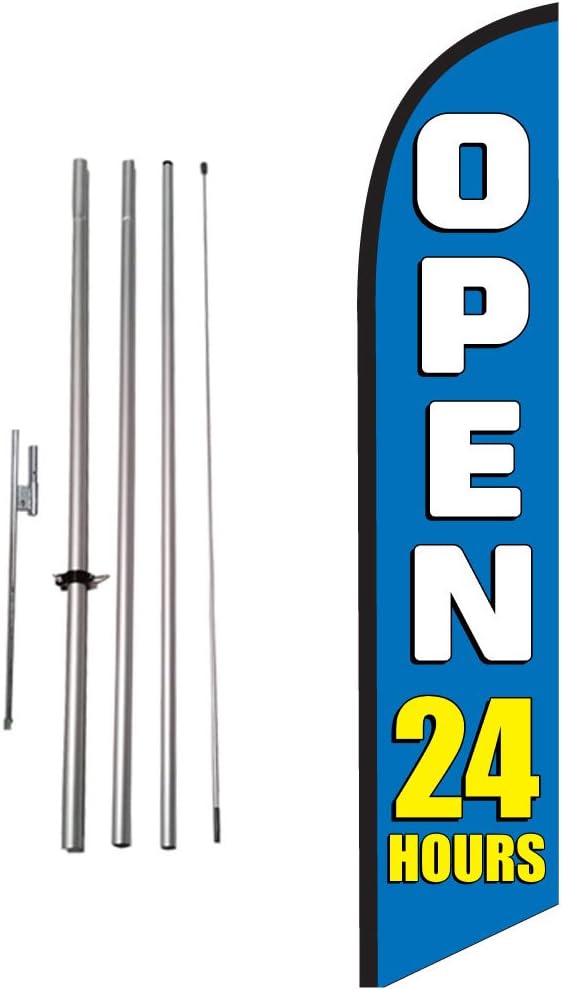 Open 24 Hours (blue) 15ft Feather Banner Swooper Flag Kit - INCLUDES 15FT POLE KIT w/GROUND SPIKE