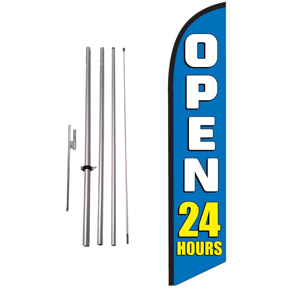 Feather Flag Nation Open 24 Hours Feather Flag Kit with Ground Spike, Blue Outdoor Advertising Swooper Flag Sign