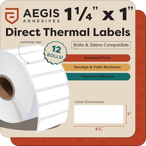 Aegis Adhesives - 1 1/4" X 1" Direct Thermal Labels (12 Rolls, 1300 Labels/Roll) Multipurpose QR Codes, Price Tags - Perforated, Compatible with Zebra Desktop Printers - NOT Rollo Compatible by Aegis Adhesives - Image 2