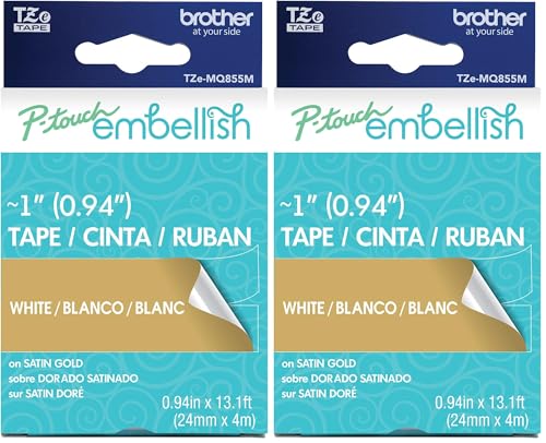 Image of Brother P-Touch Embellish White Print on Satin Gold Tape TZEMQ855M ~1 inch inch Wide x 13.1ft Long (24mm x 4m), TZe-MQ855M (Pack of 2)