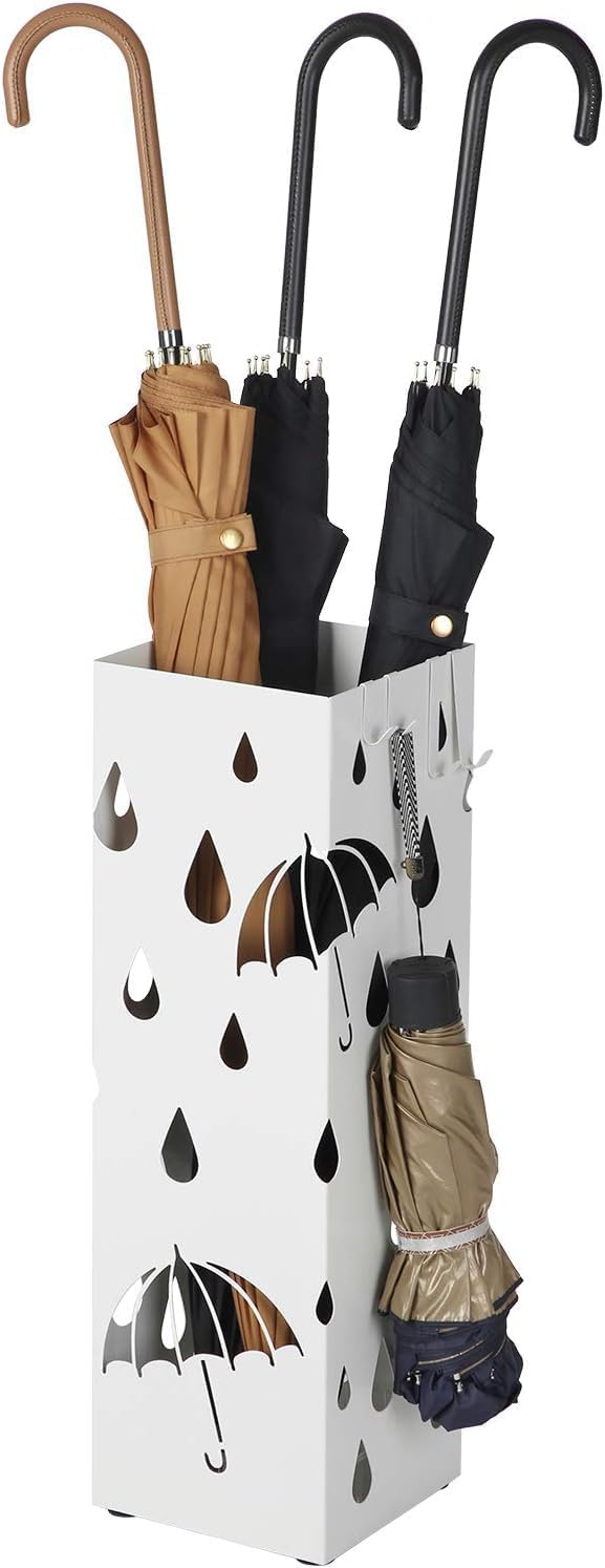 Unique Lifestyle Metal Umbrella Stand, Square Umbrella Holder 4 Hooks, 15.5 x 15.5 x 49 cm, White