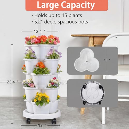 VECELO 5 Tier Vertical Garden Planter, Self Watering Stackable Planters with Wheels for Strawberries, Herbs, Flowers, Vegetables, White - Image 6