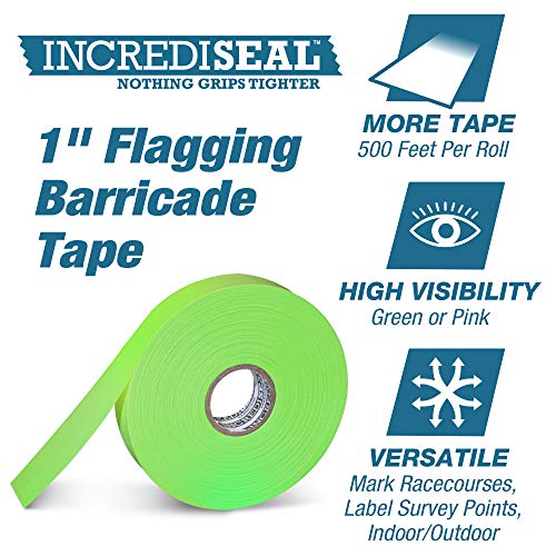 Incrediseal Green Flagging Safety Barricade Surveyor Caution Tape, 1” X 500 Feet, 4 Mil, Tree Marking, High Visibility Ribbon, Crowd Safety, Trail, Marathon (6 Rolls, Green) #TOP3