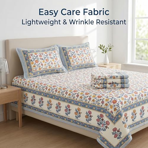 Image of Mafatlal 144 TC Heritage 100% Cotton Bedsheet for Double Bed & Queen Size Bed with 2 Pillow Covers(90x108 inches), Jaipuri Rajasthani Design, Extra Soft & Wrinkle Free| Vivid Multicolor