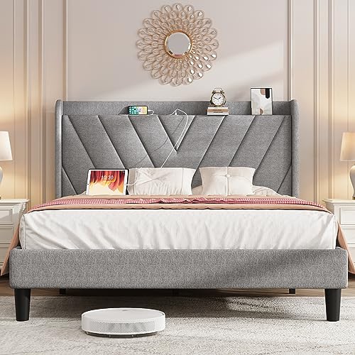 Image of koorlian Full Size Bed Frame, Full Bed with Headboard, Adjustable Upholstered Bed Frame with Type-C&USB Port, Wingback Storage Headboard, Noiseless, No Box Spring Needed, Light Gray