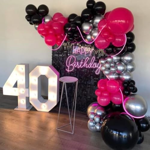 Image of Hot Pink and Black Balloons,50PCS 12 Inch Black Pink and Silver Confetti Balloons with Ribbon,for Girls Wedding Bridal Shower Birthday Party Decorations (Pack of 3)
