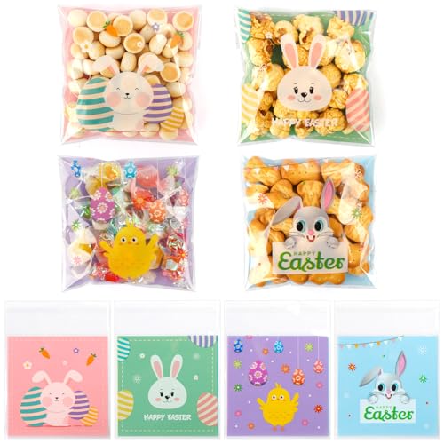 OZOSHINE 100 bolsas de celofán de Pascua para niños, huevos de Pascua, conejo, pollito, flores, bolsas de golosinas impresas para almuerzos escolares, suministros caseros de fiesta de Pascua