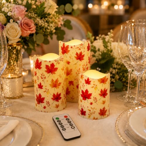 Image of Maple Leaf Flameless Candles with Remote Timer, 3 Pack LED Pillar Candles 4 /5 /6 Inch, Warm White Flickering Battery Operated Candles for Fall Thanksgiving Christmas Decor