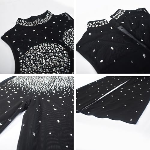 Image of Jigfar Women Sexy Sparkly Rhinestone Mesh See Through Bodycon Jumpsuit Birthday Party Club Night Outfit(FY1019,Black,M)