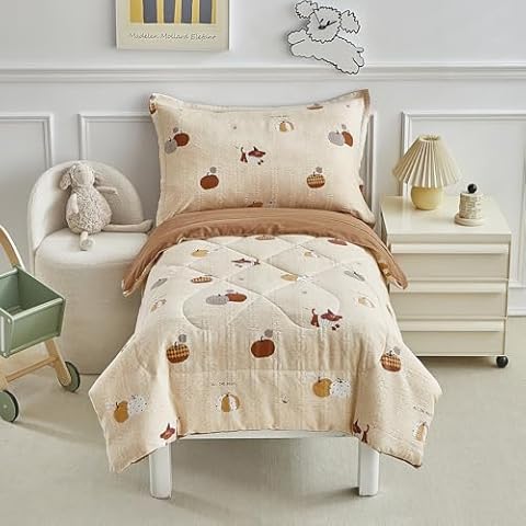 DuShow Seersucker Toddler Bedding Set for Boy,4 Pieces Toddler Bed Set, Jacquard Pumpkin Toddler Comforter Set,Includes Comforter,Flat Sheet,Fitted Sheet and Pillowcase Cover
