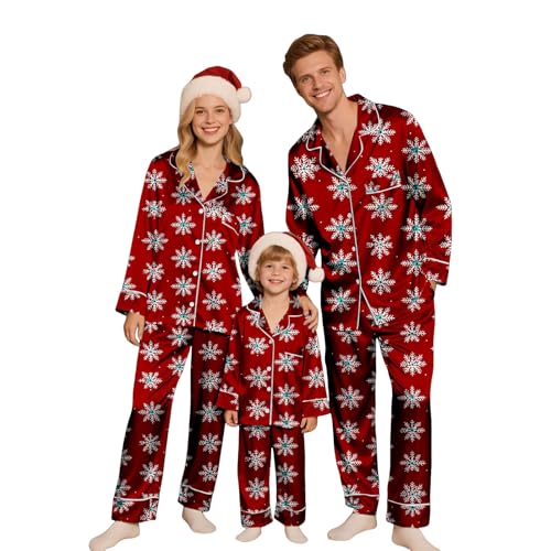 Richymfa Pijama Familia Navidad Seda Invierno 2 Piezas Camisa de Manga Larga y Pantalones Conjunto Pyjamas Navidad Pijamas Pareja Navidad para Mujer Hombre Niños, Vino, L