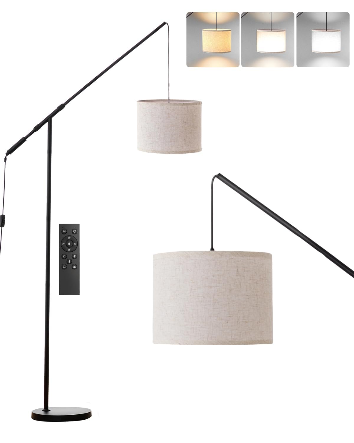 Tnvxvkgrw Light 79" Modern Arc Floor Lamp For Living Room, Adjustable Height Tall Standing Lamp With Fabric Shade, Remote, Stepless Dimmable Reading Lamp For Bedroom Office