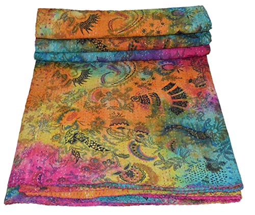YUVANCRAFTS Traditional Mukut Print Kantha Quilt Handmade Pure Cotton Tie Dye Print Kantha Quilt Queen Blanket Bedspreads Throw
