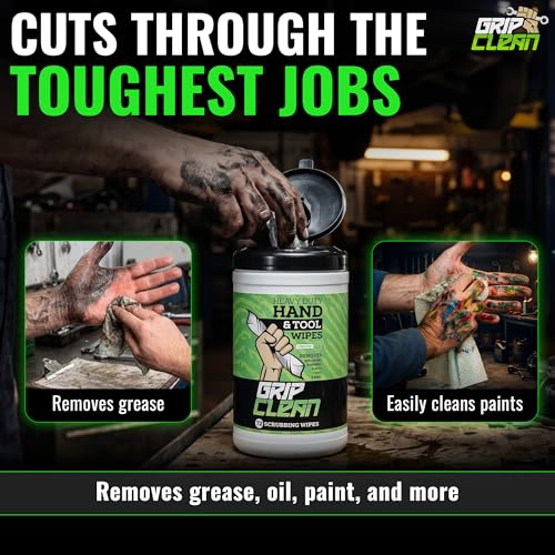 Image of Grip Clean Heavy Duty Hand & Tool Cleaning Wipes - Waterless Hand Cleaner for Mechanics, Garage & Shop Use - Dual-Sided Grease, Oil & Paint Remover Wipes with Citrus Scent - 72ct