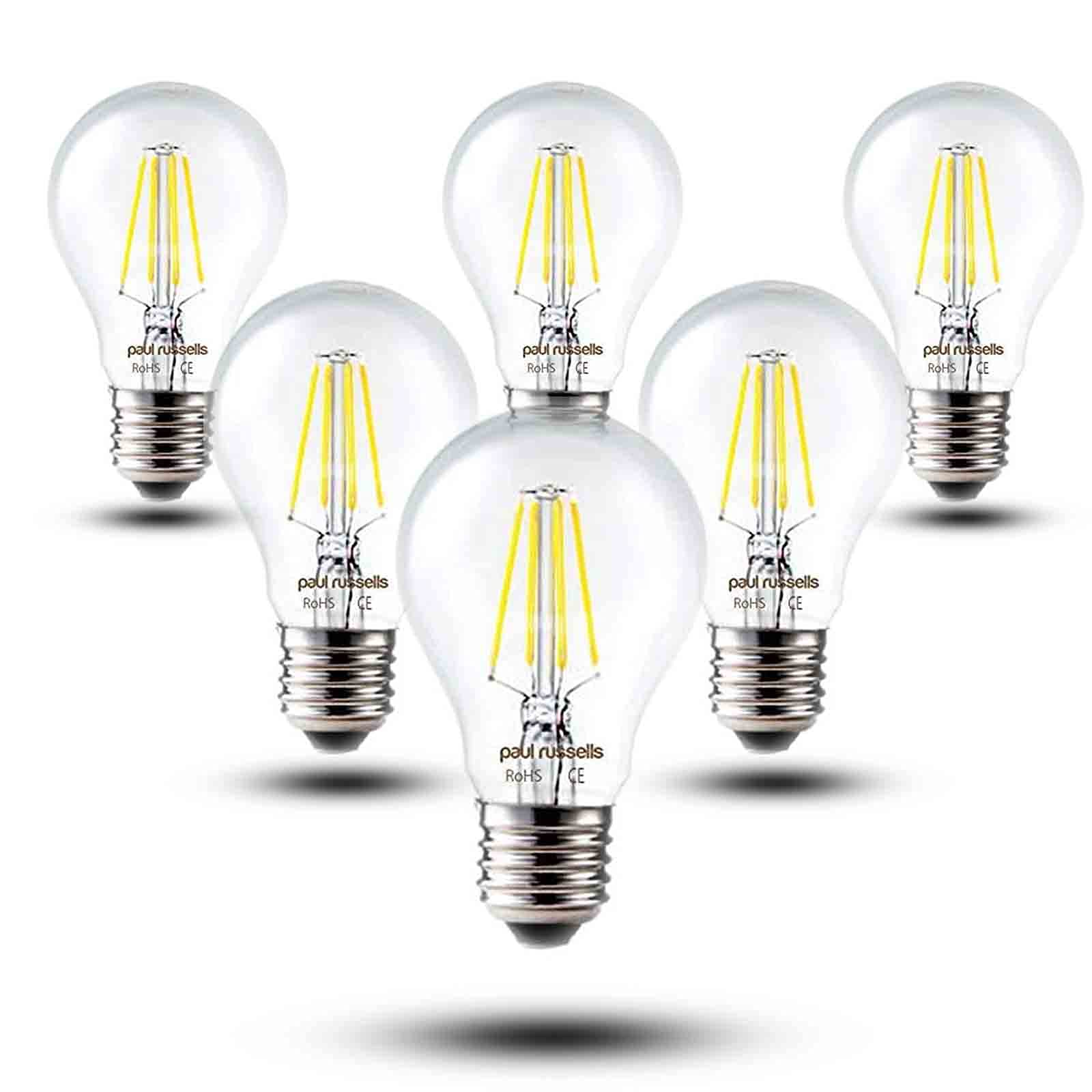 paul russells E27 Edison Screw LED Filament – 4.5Watt 40W Equivalent 470LM Lumens 2700K ES Standard GLS A60 – Super Bright Energy Saving Light Non-Dimmable - Warm White Bulbs - 6 Pack