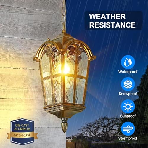 Gold Outdoor Pendant Light for Porch Patio Garden Yard, Anti-Rust Aluminium Exterior Hanging Light Fixtures, Outside Vintage Hanging Ceiling Outdoor Pendant Lamp Height Adjustable, 2pack
