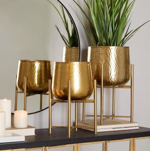 Image of Round Shape Metal Indoor & Outdoor Large Golden Planter Pot for Living Room Bedroom & Interior Balcony Sets of 2