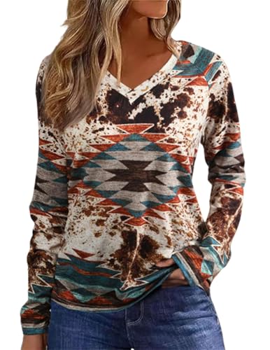 Women's Aztec Cow Western Long Sleeve Tshirts Casual V Neck Ethnic Style Novelty Blouse Fall Pullover Tops