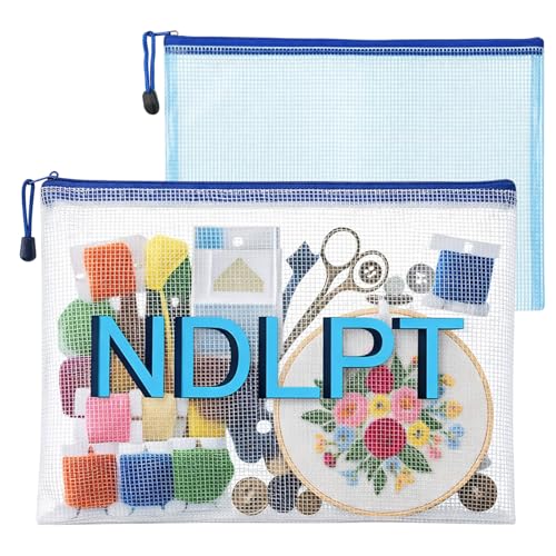 Sabary 2 Pcs Needlepoint Project Bag Set NDLPT Clear Mesh Zipper Pouch Sewing Bags Organizer Storage for Embroidery Quilter Crafter Art Stitching Gift 13.6x9.6 + 11.6x8.4(Blue)