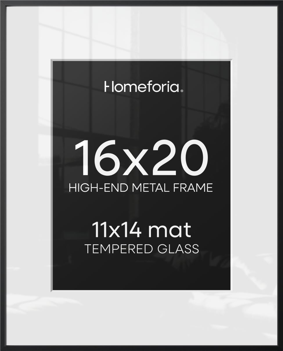 Homeforia 16x20 Black Picture Frame, High-End Metal, 11x14 Mat, Glass