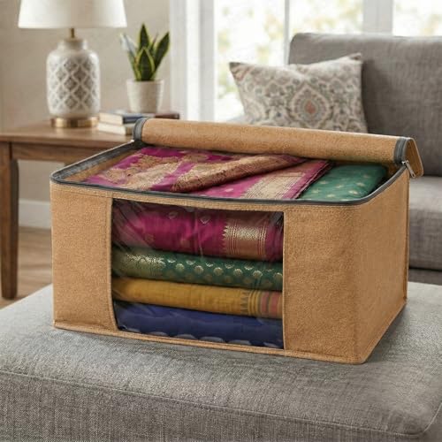 Image of Lukzer Non-Woven Leather Printed Saree Covers for Storage with Transparent Window & Zip - Large Set of 06 | Cloth Storage /Wardrobe Organizer for Woman Clothes /Lehengas /Dresses 45x33x20CM - (LSC-03-06)