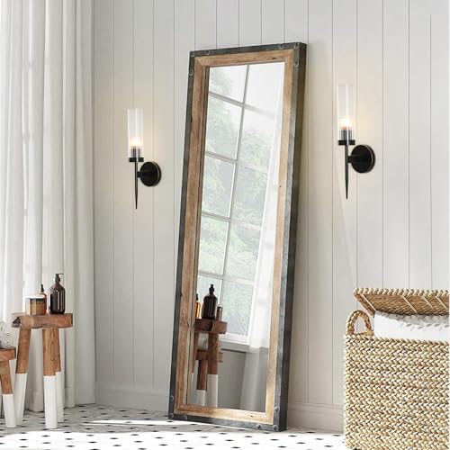Image of BOKT Mid Century Modern Black Slim Wall Sconce Lighting Set of Two 1-Light Clear Cylinder Glass Sconces Wall Lighting Set of 2 Minimalist Single Bathroom Vanity Light Fixture