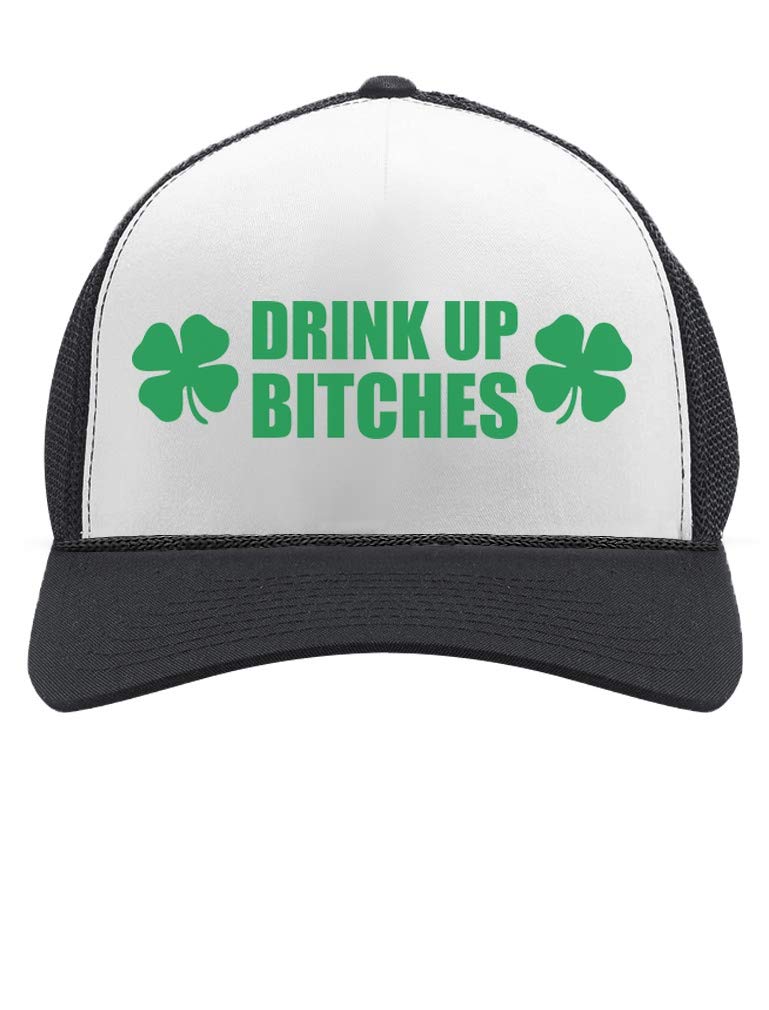 Drink Up Bitches - St.Patrick's Gift Irish Clovers Party Trucker Hat Mesh Cap One Size Black/White