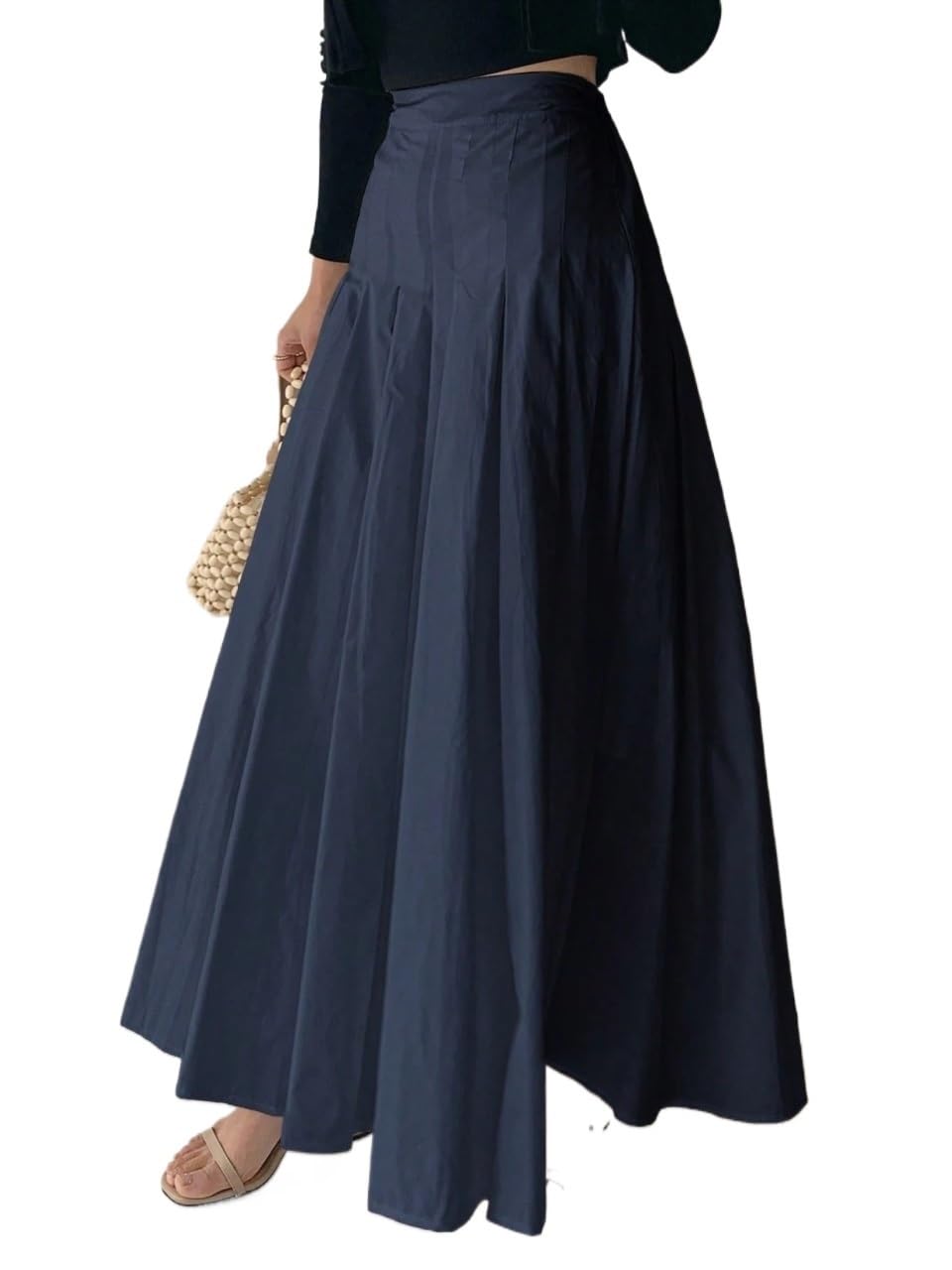 Womens Casual Non-Stretch Zipper Pleated Midi Skirt Trendy Stylish Skirts
