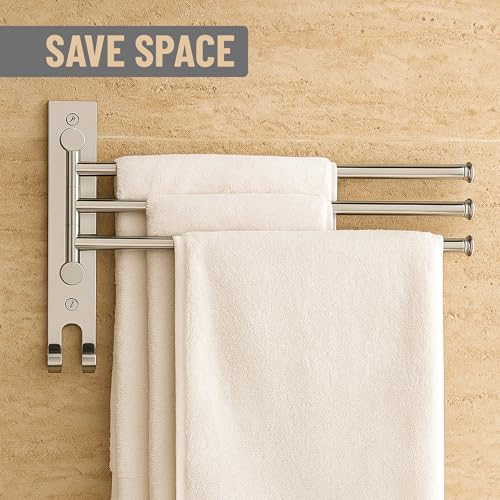 Image of ACHRO Self Adhesive and Wall Mount Swivel Towel Rack, 15 Inch Thicken 304 Stainless Steel 3-Arm Towel Bar, Space Saving, Rustproof Swing Out Towel Hanger for Bathroom, Kitchen (Brushed Nickel)