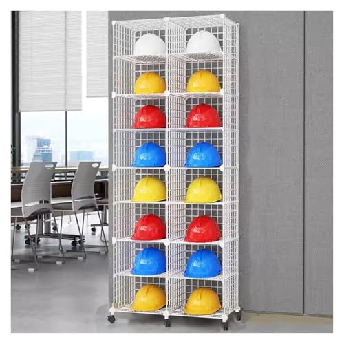 Stackable Safety Helmet Storage Boxes with Wheels, Large Adjustable Hard Hat Placement Organizer Rack, Construction Sites/Workshop/Retail Store Helmet Display Shelf, White Iron Wire Frame(16 Grids(75x