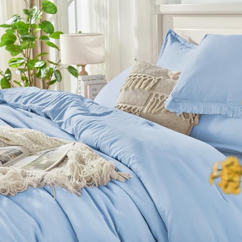 Image of Andency King Size Comforter Set with Sheets Light Blue - 7 Pieces Bed in a Bag Boho Soft Lightweight Bedding Sets, Tassel Bed Set with Comforter, Sheets, Pillowcases & Shams
