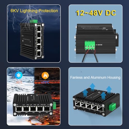 Image of Mini Industrial 4-Port 10 /100 /1000BASE-T 802.3at PoE + 1-Port 10 /100 /1000T Ethernet Switch, Din Rail Unmanaged 10 /100 /1000Mbps Network Switch 30W /Port Max 120W 12-48V DC Thick Shell