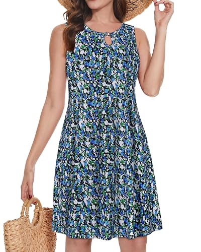 Image of Summer Dresses for Women Casual Sleeveless Sundress Floral Loose Fit Beach Cover Up with Pocket(Blue Green Floral, XL1