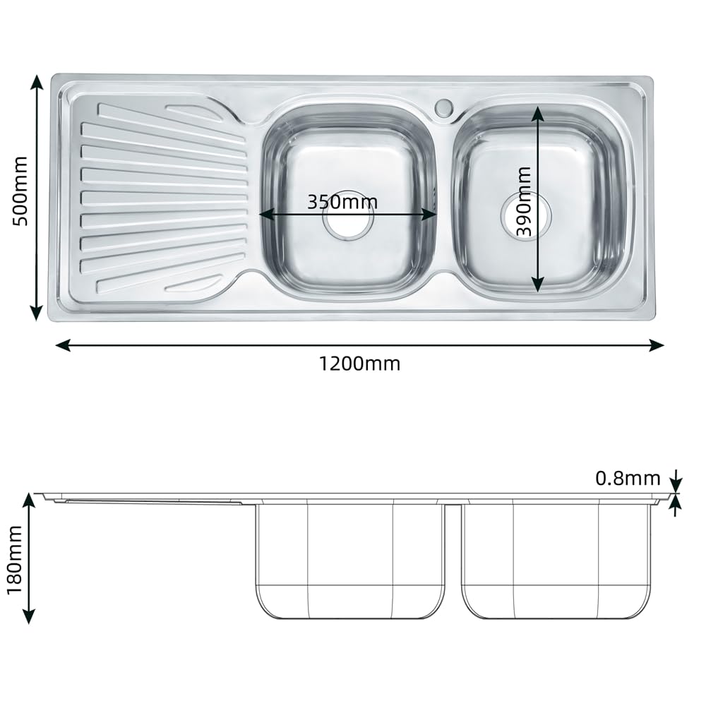 Melko 120cm stockage double évier intégré dans l'évier de cuisine en acier inoxydable 2 vasques