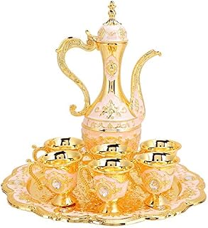 Vintage Turkish Coffee Pot Set, Turkish Tea Set with 6 Coffee Cups, Golden Wine Decanter and Glasses Set, Turkish Copper Coffee Cup Set for Home Tea Party(Pink)