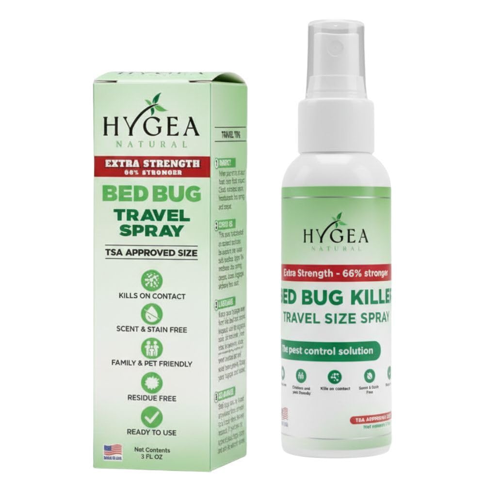 Hygea Natural Bed Bug & Mite Extra Strength 3oz Travel Spray –TSA approved - New Formula 66% Stronger- Stain & Scent Free Treatment – Formula - Child & Pet Safe