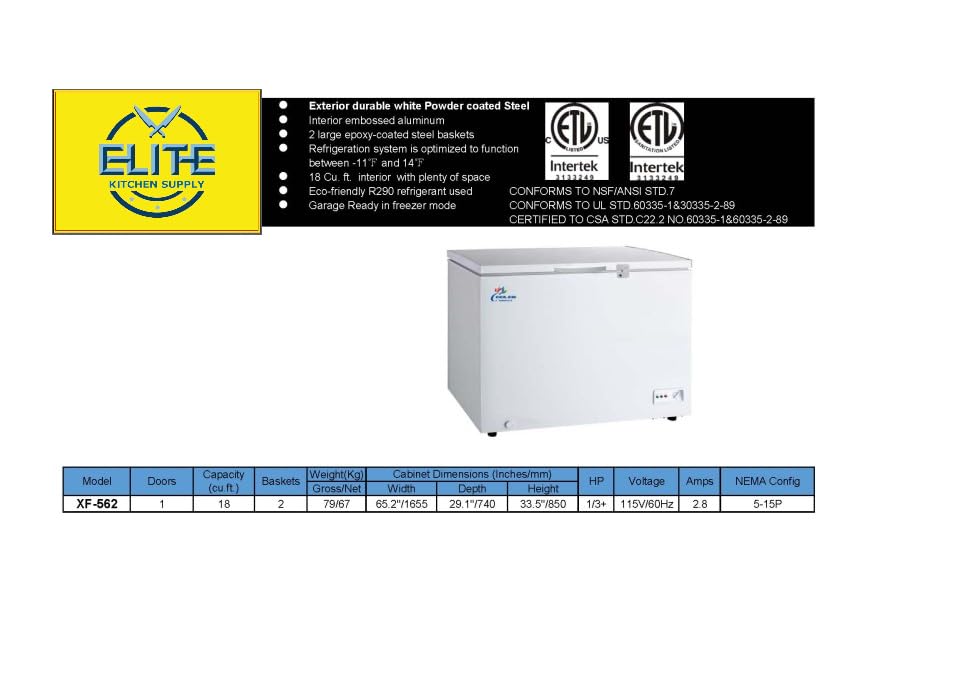 Commercial Chest Freezer, ETL All-Purpose Compact Deep Freezer Solid Top, 65" W 18 cu. ft. Solid door w/Storage Baskets, Ice Cream, White on Fridge.com